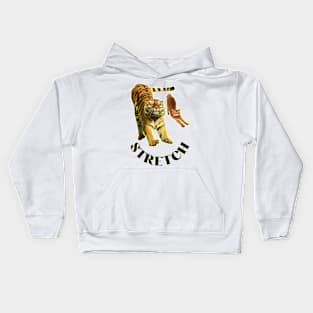 Stretch exercise by a tiger and a cat - black text Kids Hoodie